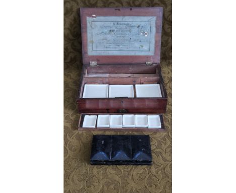Vintage mahogany R. Ackermann paint box and palettes.