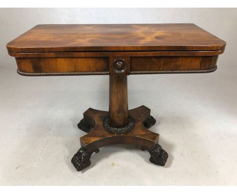 Antique Victorian card table on scroll feet and original castors with blue baize, approx 92cm x 45cm x 76cm tall