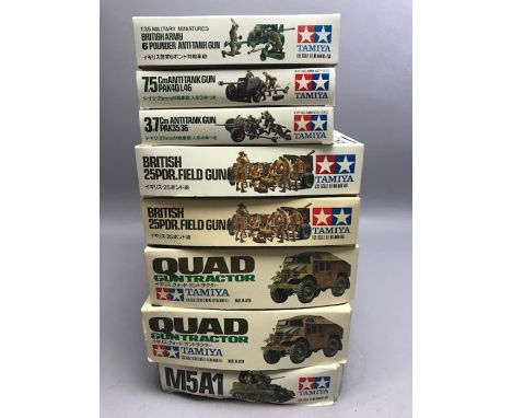 Eight Boxed Tamiya Military Series 1/35 scale model kits to include: 2 x Quad Gun Tractor, m%A1 tank, field guns etc