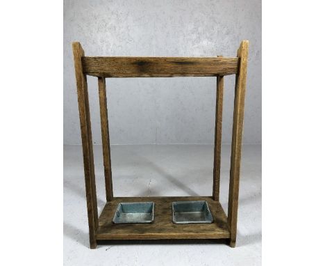 Oak framed umbrella / stick stand with three compartments and two original metal drip trays, approx 70cm x 53cm x 29cm