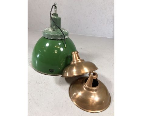 Vintage REVO green enamel industrial pendant light shade, approx 45cm in diameter, along with a pair of copper light shades, 
