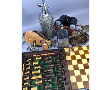 Collection of antiques / vintage curios to include a set of postal scales, a pair of cased Vesper 8x30 binoculars, a compass 