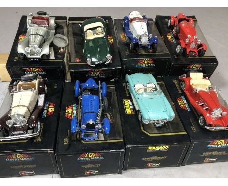 Collection of eight Burago Die-cast 1/18 model vehicles: Alfa Romeo 8C 2300 Monza 1931, Jaguar E Cabriolet 1961, Mercedes Ben