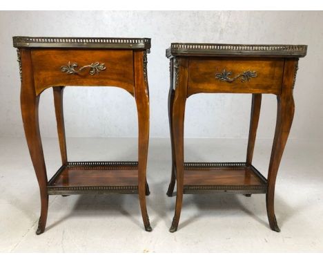 Pair of bedside tables with metal galleries to top and shelf under on serpentine legs with metal detailing, each with a singl