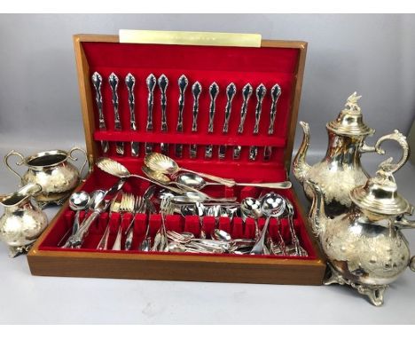 Canteen of cutlery containing large quantity of mixed flatware and a ornate silver plated tea and coffee set comprising four 