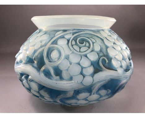 Rene Lalique opalescent glass vase in the "Fontainebleau" pattern, depicting grapes on a vine with blue colouring. Signed R L