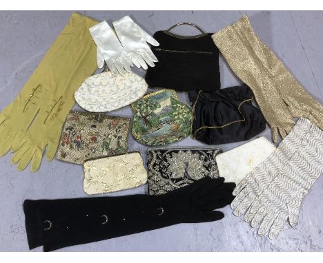Vintage clothing / textiles: a collection of vintage handbags, purses and gloves to include a Chinese tapestry embroidered ha