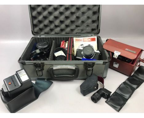 Camera Hard Case Box containing Pentax ME Super camera various lenses including Tokina 500mm 1:8 RMC, etc