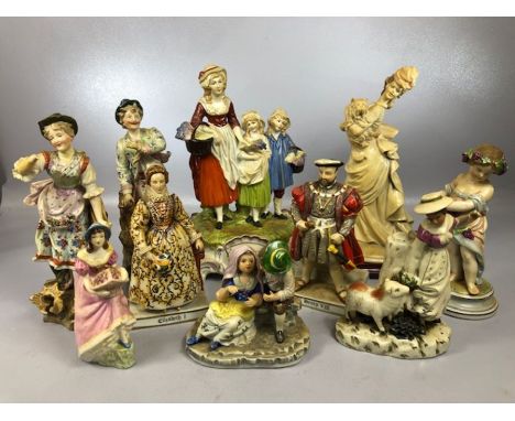 Collection of ceramic figurines to include a lady holding a dog signed B. Merli, a Staffordshire figure of a lady and ram, a 