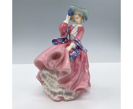 Charming depiction of a young lady in a windy position. She is elegantly dressed in a flowing pink dress and a vibrant multic