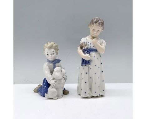 A young boy, dressed in white and blue, kneels to pet his pup, while a young girl in a charming blue and white dress cradles 
