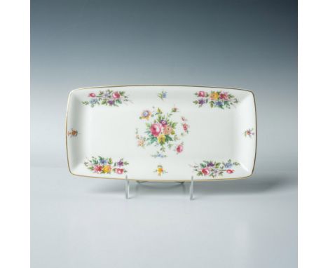 An elegant white rectangular dish decorated with colorful flowers and a gold-colored rim. Minton backstamp. This item has its