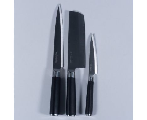 Handcrafted Japanese Ibaraki steel blades. 7-inch Nakiri vegetable knife, 8.5-inch slicing knife, and 5-inch utility knife. H