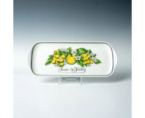 A white rectangular tray decorated in the middle with yellow fruits, white flowers and leaves and written Fruits Du Jardin. A