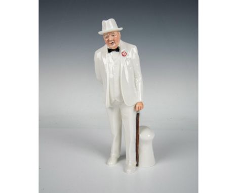 Churchill in a white suit with a black bow tie and a cane in his hand. Glazed finish. Royal Doulton backstamp. Artist: Amanda