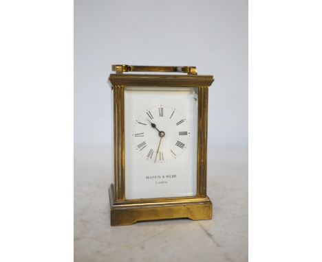 Mappin & Webb brass carriage clock with key - small crack to glass right hand corner 