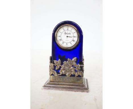 Blue glass & pewter Harrods mantle clock 