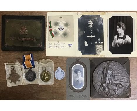 British WW1 Medals and Death Plaque to Sgt Arthur Richmond of the 2nd Battalion The Welsh Regiment, medal group of 1914 star,