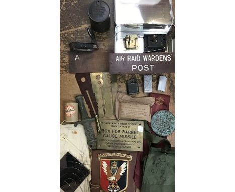 Collection of British military items, includes WW2 Air Raid Wardens post signs, Brass Button cleaning sticks, 1987 7.62 bando