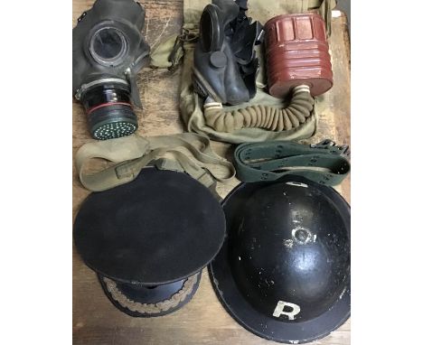 WW2 British kit, includes ARP helmet with inserts, high ranking British army officers cap, 2 British Gas masks one in origina