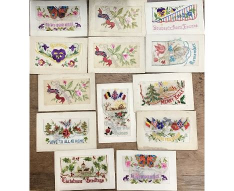 Collection of 13 WW1 silk postcards eight with original calling cards inside and eight with writing of different amounts on t