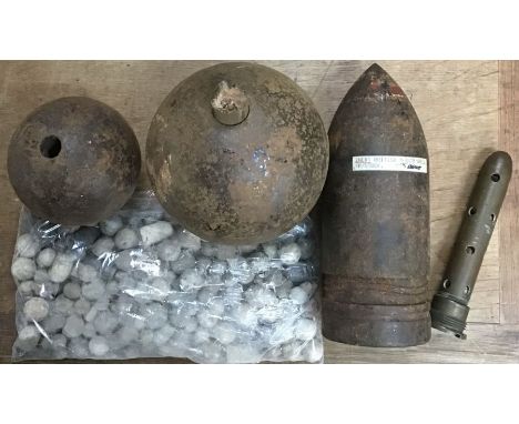 Collection of military items includes 5” mortar bomb and a&nbsp;3.5” mortar bomb, inert British WW1 3” shell, a bag of lead m