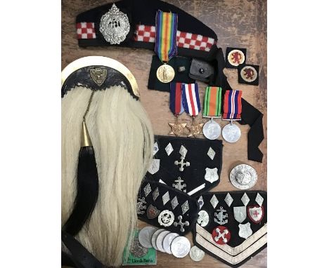 Collection of British military medals and uniform items, includes WW1 Victory Medal to 127978 S.SJT C.A. Clayton of the Royal