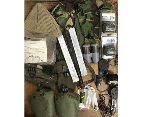 Collection of Military Kit, includes MP/Police truncheon, 1950-60’s radio hand sets, 3 x camouflage hoods, 5 x camouflage sti