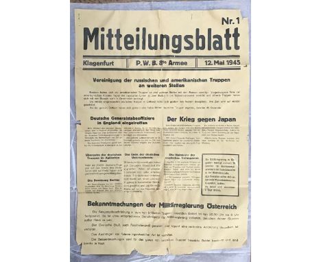 Rare German Newsletter poster No’1 for Klagenfurt Wehrmacht 8th Army 12th May 1945 (five months from the end of the war), it 