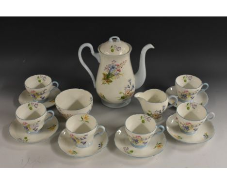 A Shelley Wild Flowers pattern tea service, for six,  comprising teapot, cream jug, sugar bowl, cups and saucers, printed mar