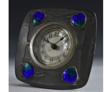 A Liberty &amp; Co Pewter Tudric easel timepiece, designed by Archibald Knox,  of square form with enamel honesty border, 10c