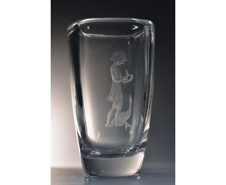 An Orrefors, Sweden glass vase, designed by Sven Palmqvist, etched with a  girl with a goose, 18cm high, etched mark,  date c