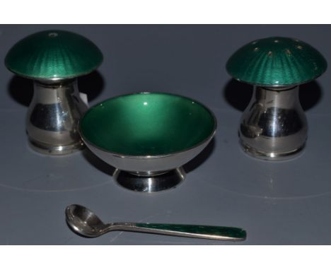 A pair of Danish Silver Egon Lauridsen of Copenhagen SIlver and Guilloche enamel salt and pepper, a green guilloche enamel sa