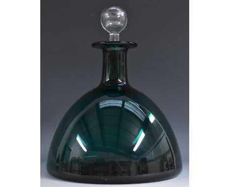 A Holmegaard domed green glass Gronland decanter, designed by Per Lutken, clear glass globular stopper, 26.5cm high, etched m