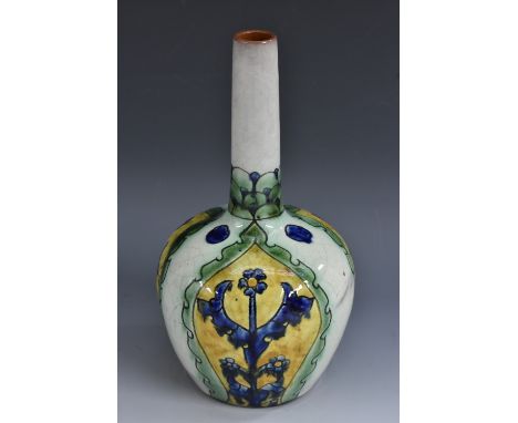 A Carlo Manzoni earthenware bottle vase, in the Della Robbia manner, decorated with flowers and foliage in tones of blue,  gr