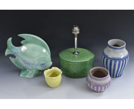 A Poole model of a stylised fish, angular fins, glazed in shades of aqua green and blue, 21cm, pattern number 314, impressed 