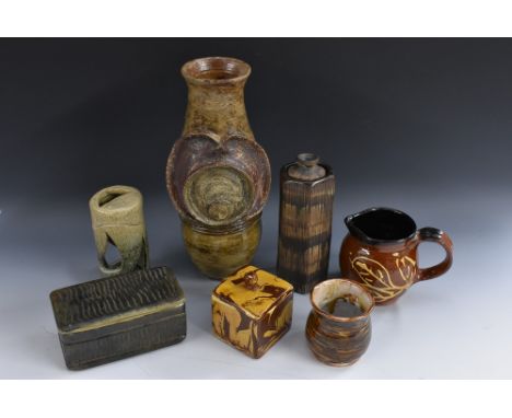 Studio Pottery - attributed to Janice Tchalenko, a stoneware hexagonal vase and cover, in shades of brown, 19.5cm, impressed 