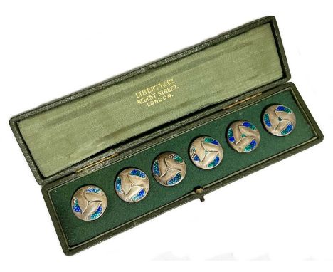 Archibald Knox for Liberty and Co., a set of Arts and Crafts silver and enamelled buttons, Birmingham 1906, marked Cymric, bl
