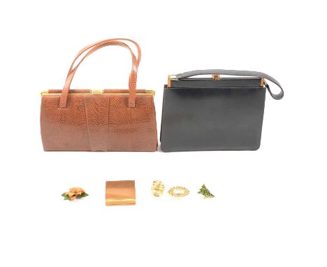 A quantity of costume jewellery, vintage handbags, silver bangle and Etruscan style damaged brooch, an Etruscan style brooch 
