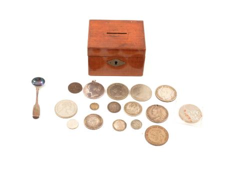 A collection of coins in a wooden money box, George V 1927 Crown; two Victorian Half Crowns: two other Victorian Crowns - one