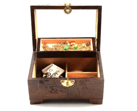 A wooden jewel box with vintage jewellery and some scrap gold, three bar brooches; heart shaped locket set with seed pearls o