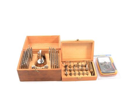 Watchmakers tools and equipment, watchmakers wooden tool box, 52x31cm and contents; a Boley boxed watchmaker staking tool set
