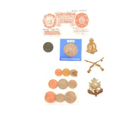 Commemorative crowns; two 10/- notes L 90 Y 282866, K 08Y 133246; a Victory Medal - M-316692 Pte. L B Elliott, military cap b