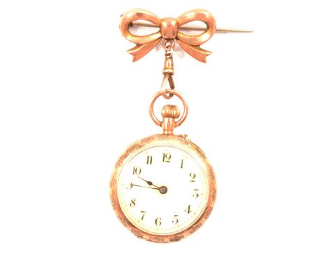 A 9 carat rose gold fob watch suspended from a bow brooch, 24mm guilloche enamel dial with a pearlised effect and Arabic nume