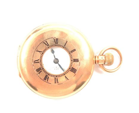 J W Benson, London - a 9 carat yellow gold half hunter pocket watch, 42mm white enamel dial with roman numeral chapter ring a