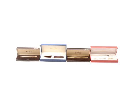 A Parker 12ct rolled gold Fountain Pen and matching Ballpoint Pen, both individually boxed; a Sheaffer Sterling Silver Ballpo