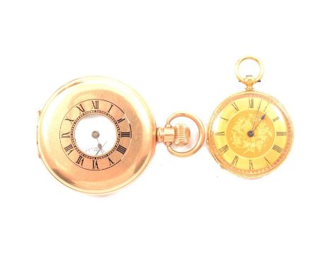 A gold fob watch, 32mm gold coloured dial with Roman numeral chapter ring in a yellow metal 37mm floral engraved case marked 