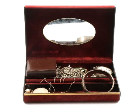 A jewel box with silver and white metal jewellery, a silver 18.5mm wide half hinged bangle with engraved design to front, Bir