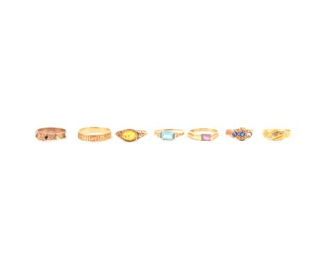 Seven various dress rings, an 18 carat yellow gold ring set with five small diamond points ring size O, Birmingham 1908, 1.2g