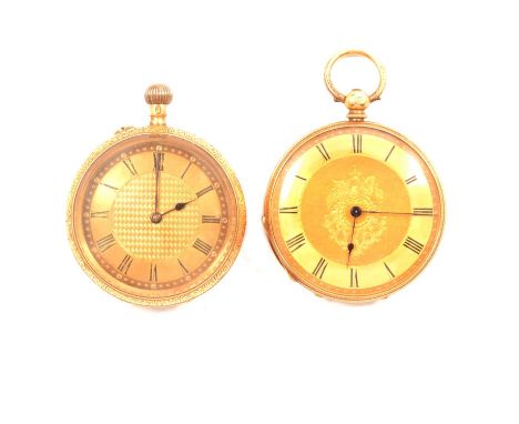 Two open face fob watches, marked 18, one with a 33mm gold coloured dial with roman numeral chapter ring in an 18 carat yello